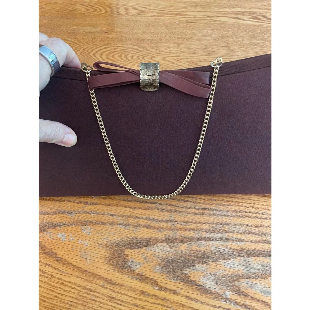 Vintage Brown Satin Bow Clutch Bag Gold Chain Shoulder Strap Evening Formal Bag